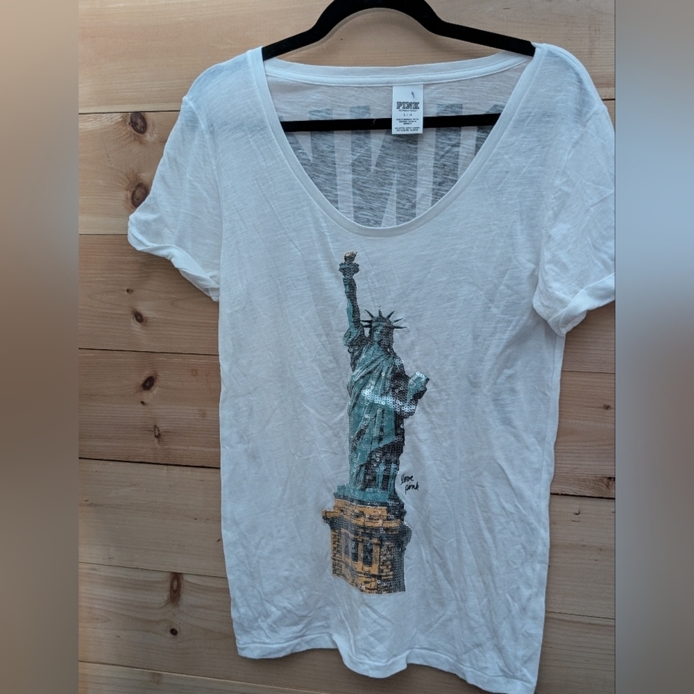Pink Victorias Secret White Graphic T-Shirt with Statue of Liberty Design